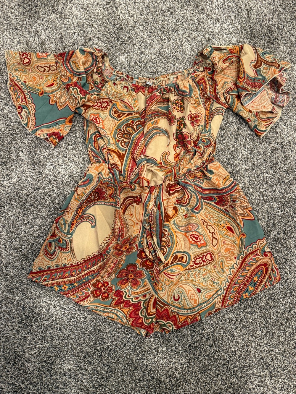 Miss Sparkling Women’s Paisley Off Shoulder Romper Tie Waist Boho Bell Sleeve
